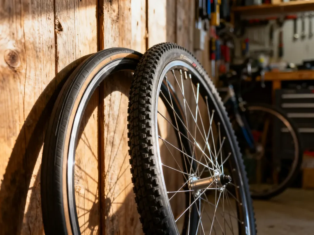 Porównanie opony zwijanej i drutowanej opartej o drewnianą ścianę w warsztacie rowerowym.