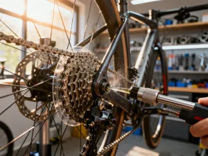 Zbliżenie na metalowy zaczep holu rowerowego zamontowany na ramie roweru, ukazujące detale techniczne i solidne mocowanie.