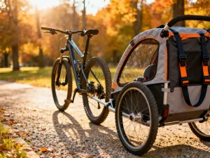 Widok z perspektywy kierownicy roweru na słoneczną parkową alejkę, zachęcający do patrzenia przed siebie podczas jazdy.
