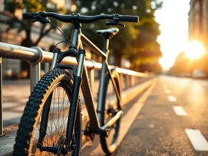 Tabela geometrii ramy rowerowej z narzędziami pomiarowymi na biurku, pomocna przy doborze rozmiaru roweru MTB.