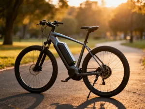 Zbliżenie na mechanizm hamulców typu V-brake zamontowanych na ramie roweru w świetle zachodzącego słońca.