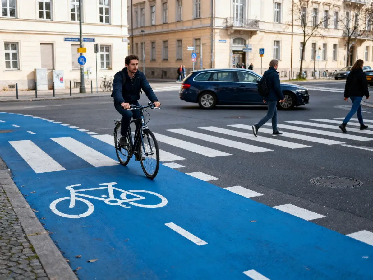 Rowerzysta ostrożnie ustępujący pieszym na miejskiej drodze dla rowerów