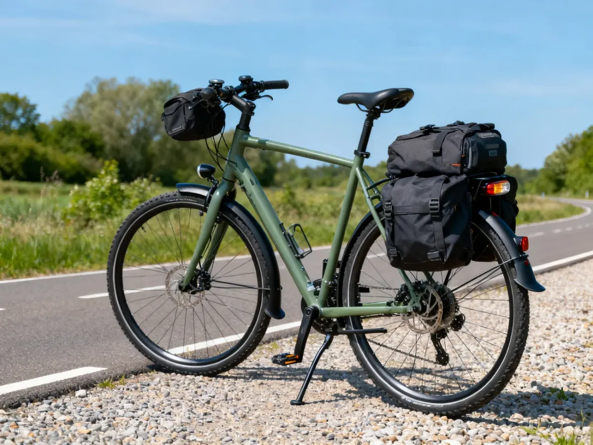 Rower trekkingowy z sakwami i pełnym wyposażeniem przy trasie rowerowej