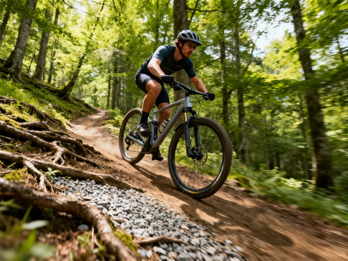 Kolarz na lekkim rowerze XC podczas szybkiej jazdy leśną trasą