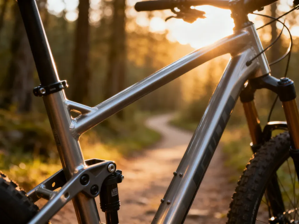 Zbliżenie na aluminiową ramę roweru trekkingowego w promieniach słońca, podkreślające jej solidną konstrukcję i punkty montażowe.