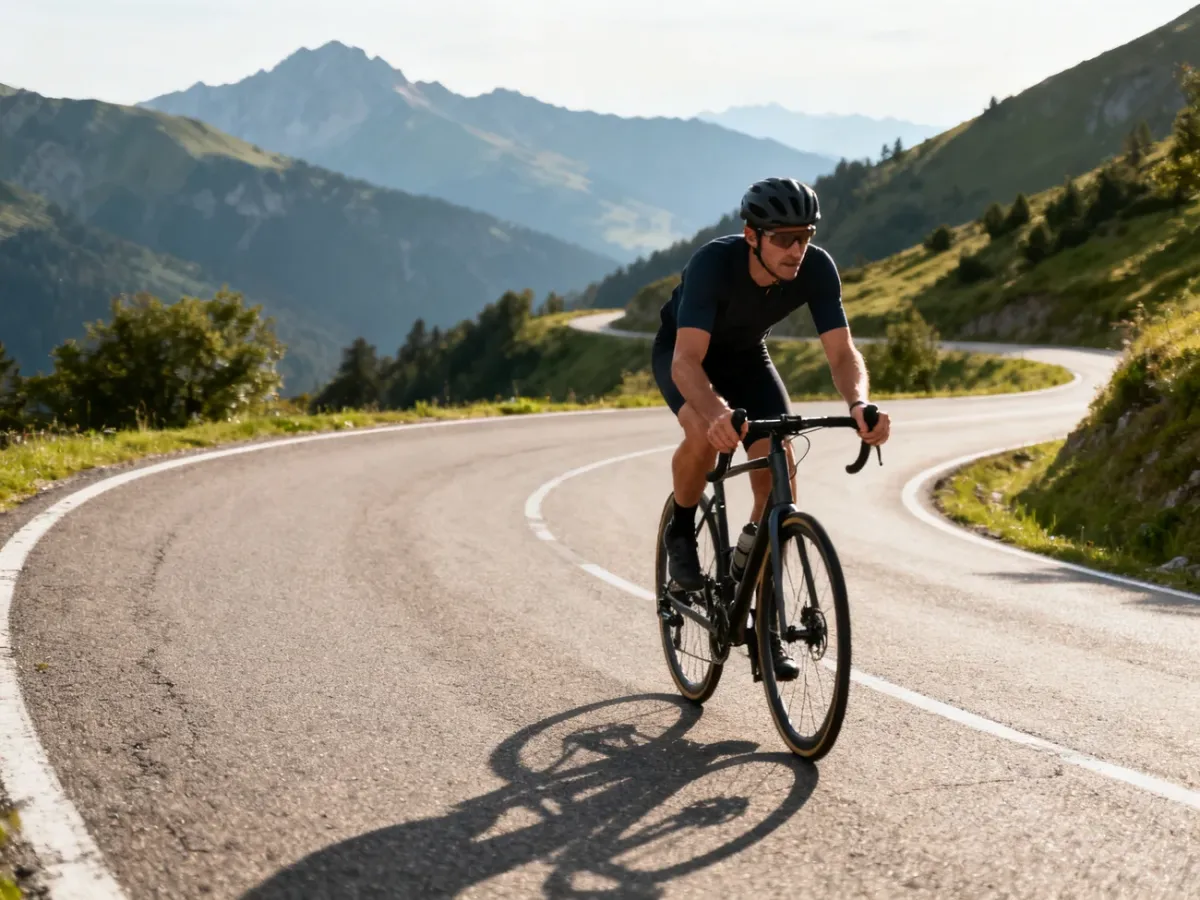 Rowerzysta szosowy w stabilnej pozycji podczas zjazdu na górskiej drodze