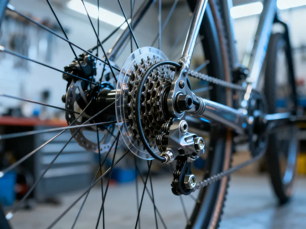 Zbliżenie na tylne koło roweru z piastą wielobiegową, ukazujące mechanizm połączenia linki zmiany biegów i nakrętki osi.