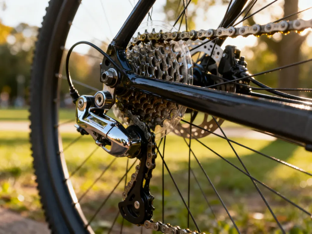 Zbliżenie na mechanizm przerzutki, kasetę i łańcuch rowerowy, ukazujące precyzyjną budowę układu napędowego roweru.