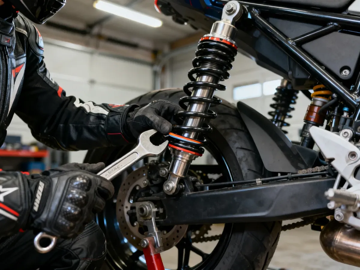 Motocyklista reguluje napięcie wstępne sprężyny amortyzatora