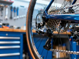 Nowoczesny rower elektryczny zaparkowany na ścieżce rowerowej, z widocznym silnikiem i baterią w słoneczny dzień.