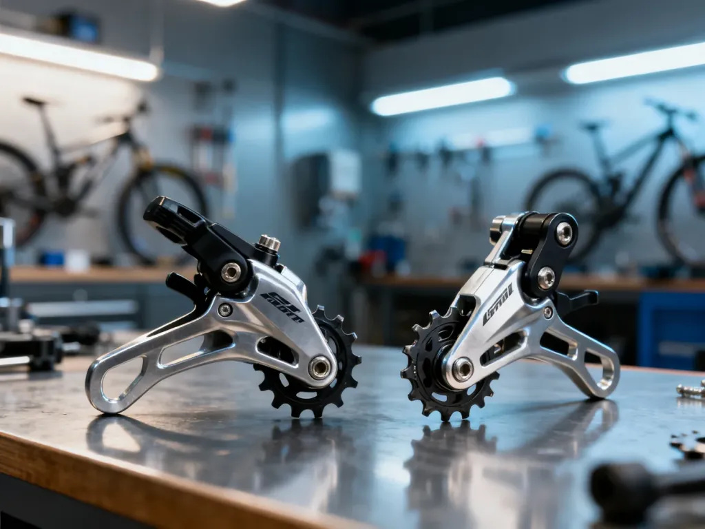 Porównanie przerzutek rowerowych Shimano Acera i Alivio na stole warsztatowym, ukazujące detale ich konstrukcji.