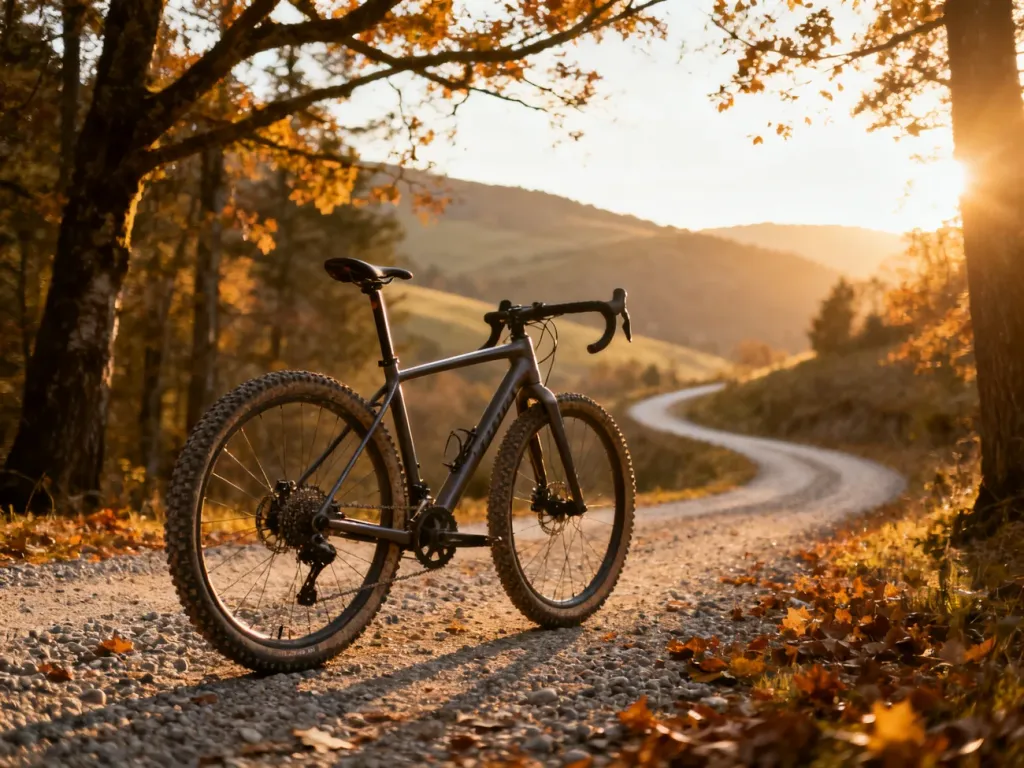 Rower gravel zaparkowany na leśnej ścieżce w jesiennej scenerii, oświetlony ciepłym światłem zachodzącego słońca.