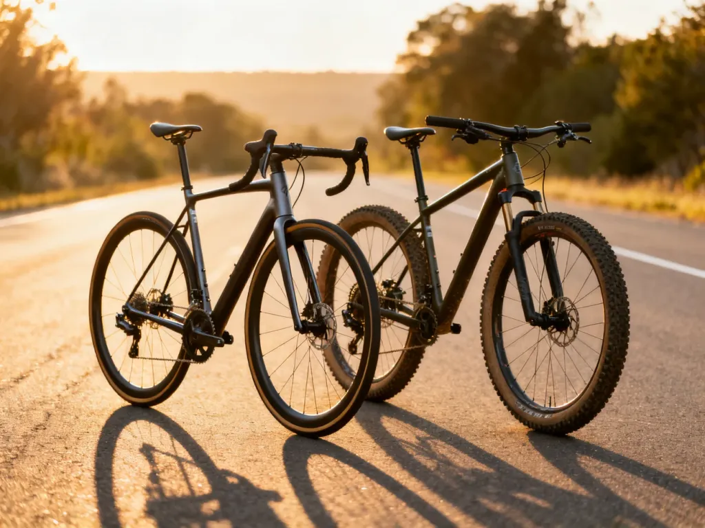 Porównanie szosowego roweru z cienkimi oponami oraz gravela z szerszym bieżnikiem na asfaltowej drodze w świetle zachodzącego słońca.