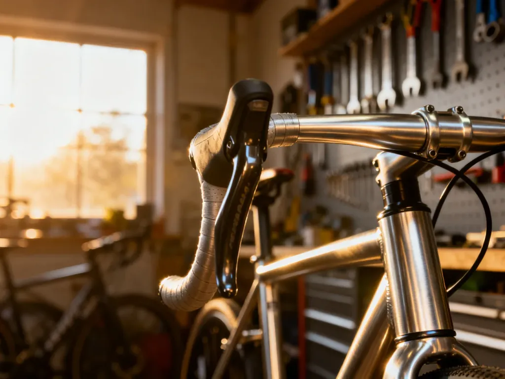 Zbliżenie na aluminiową kierownicę roweru z widoczną klamką hamulca w profesjonalnym warsztacie rowerowym.