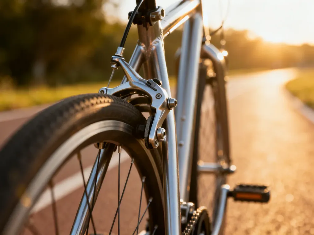 Zbliżenie na mechanizm hamulców typu V-brake zamontowanych na ramie roweru w świetle zachodzącego słońca.