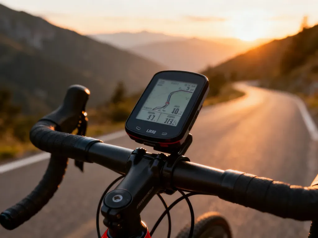 Licznik rowerowy Garmin zamontowany na kierownicy roweru szosowego z widokiem na malowniczą górską drogę o zachodzie słońca.