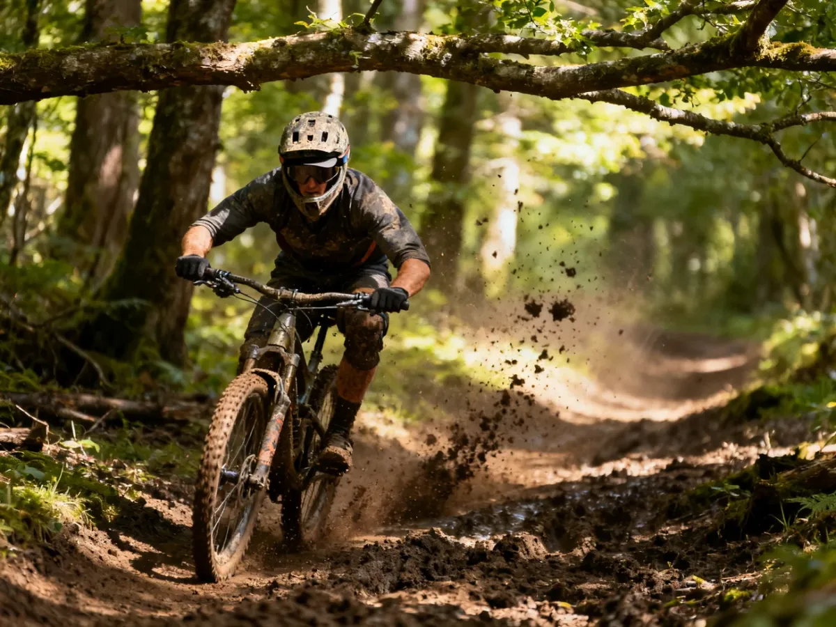 Rowerzysta MTB w kasku z daszkiem na leśnej, błotnistej ścieżce