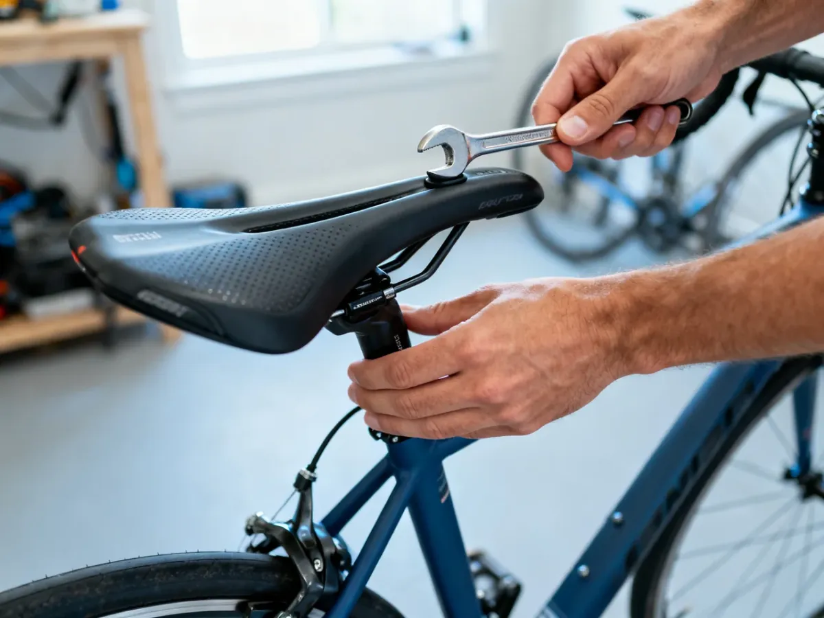 Rowerzysta reguluje wysokość siodełka za pomocą klucza imbusowego