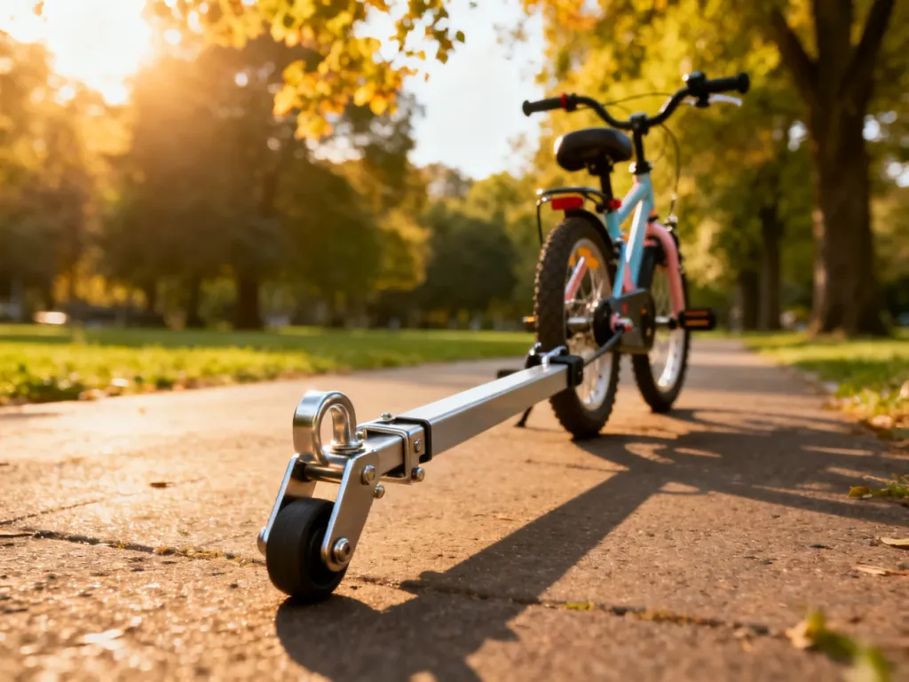 Nowoczesny hol rowerowy zamontowany do dziecięcego roweru, gotowy do wspólnej przejażdżki w słonecznym parku.