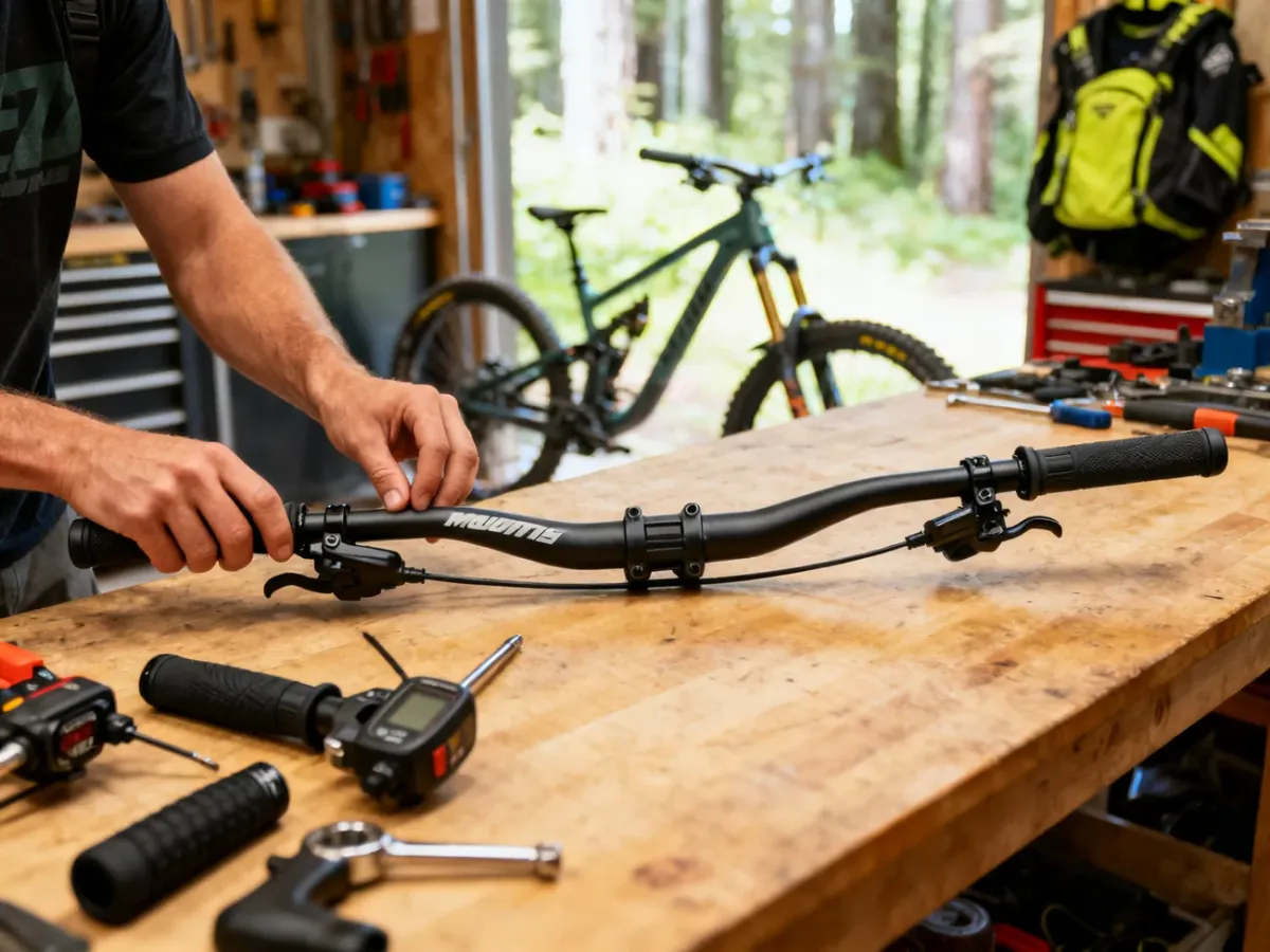 Rowerzysta górski dopasowujący kierownicę MTB w warsztacie