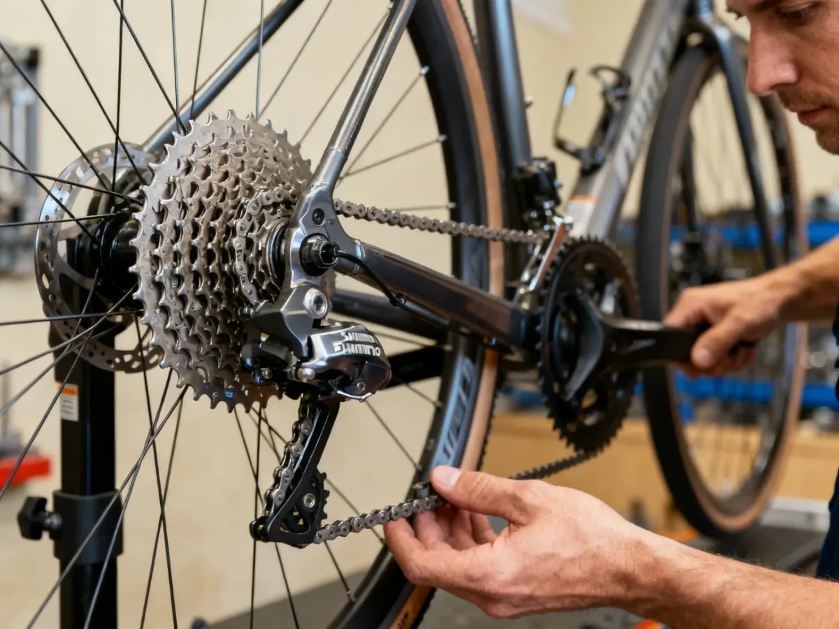 Mechanik sprawdzający łańcuch i wolnobieg w napędzie rowerowym