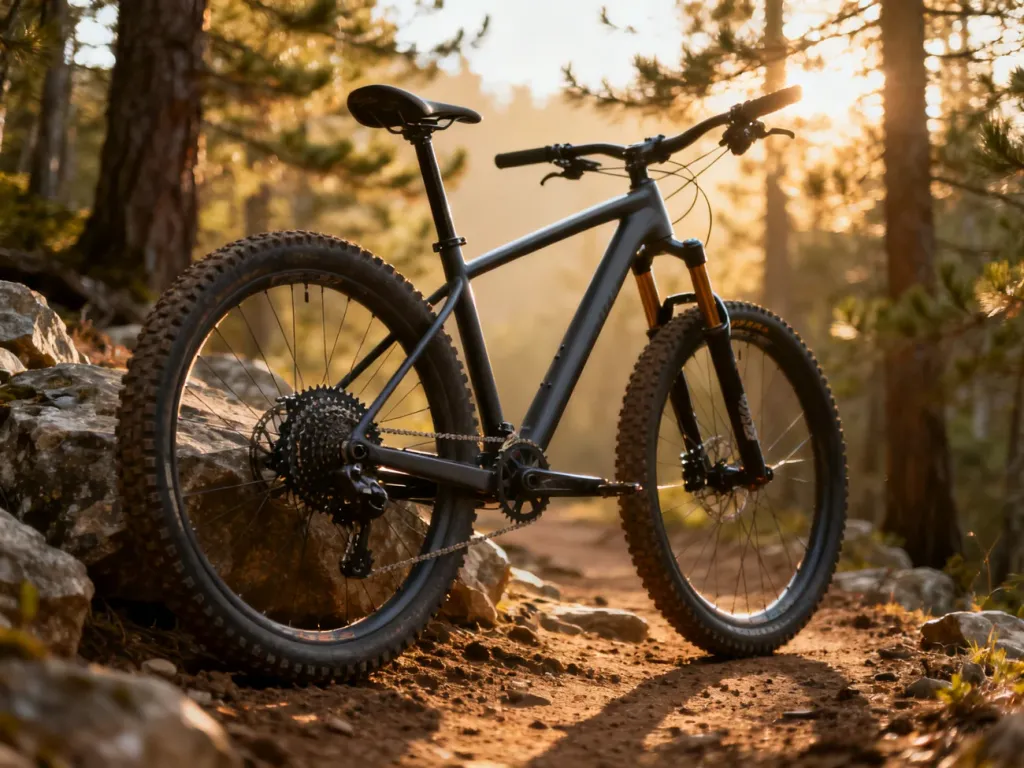 Nowoczesny rower górski typu hardtail zaparkowany na leśnej ścieżce w promieniach porannego słońca.