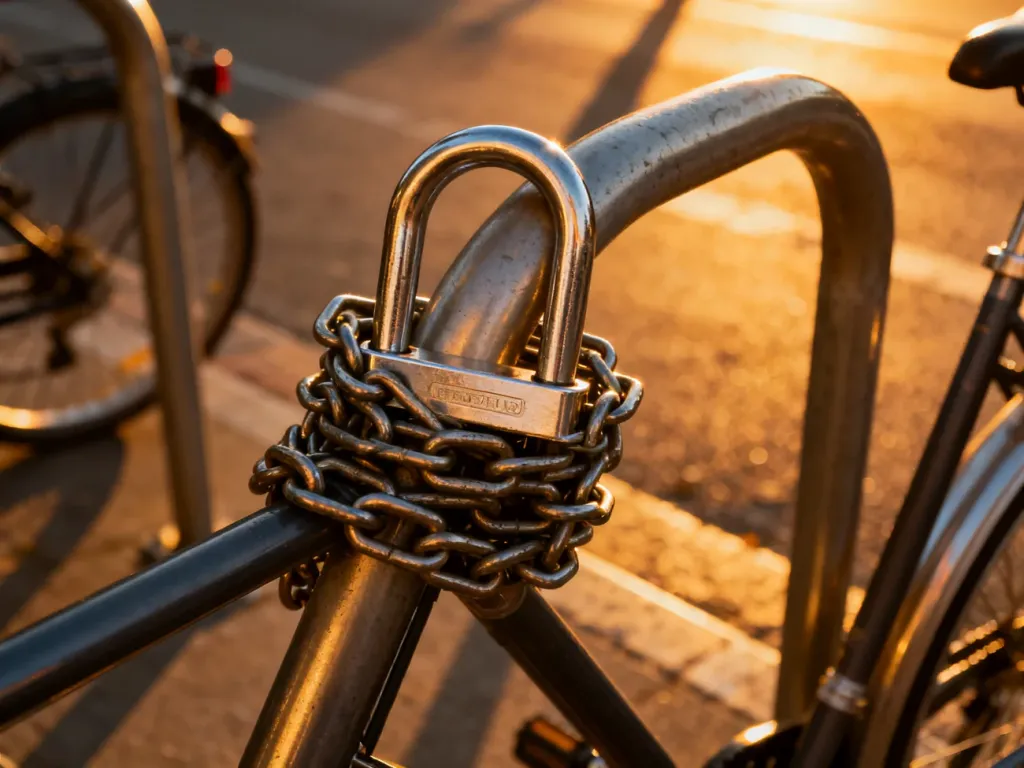 Solidne zapięcie typu U-lock oraz gruby łańcuch stalowy owinięte wokół ramy roweru przy miejskim stojaku o zachodzie słońca.