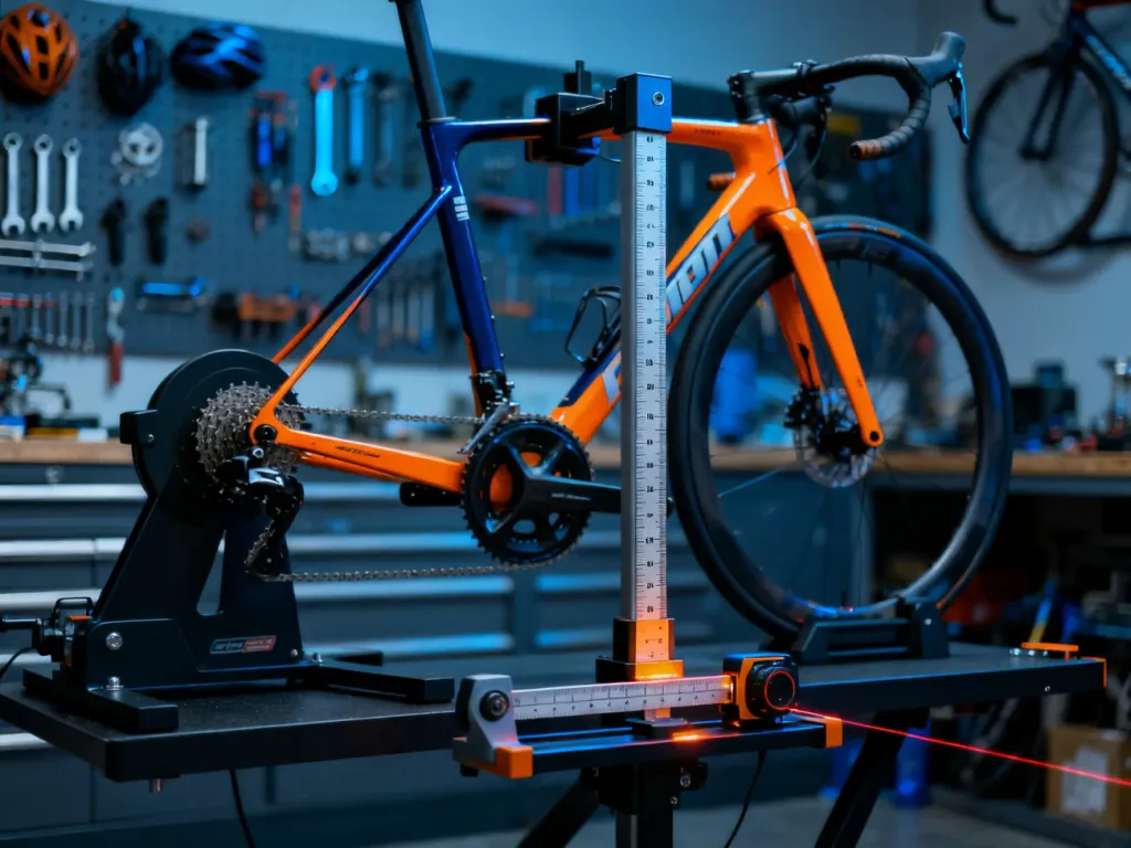 Profesjonalne stanowisko do bike fittingu z rowerem szosowym zamontowanym na przyrządzie pomiarowym z laserami.