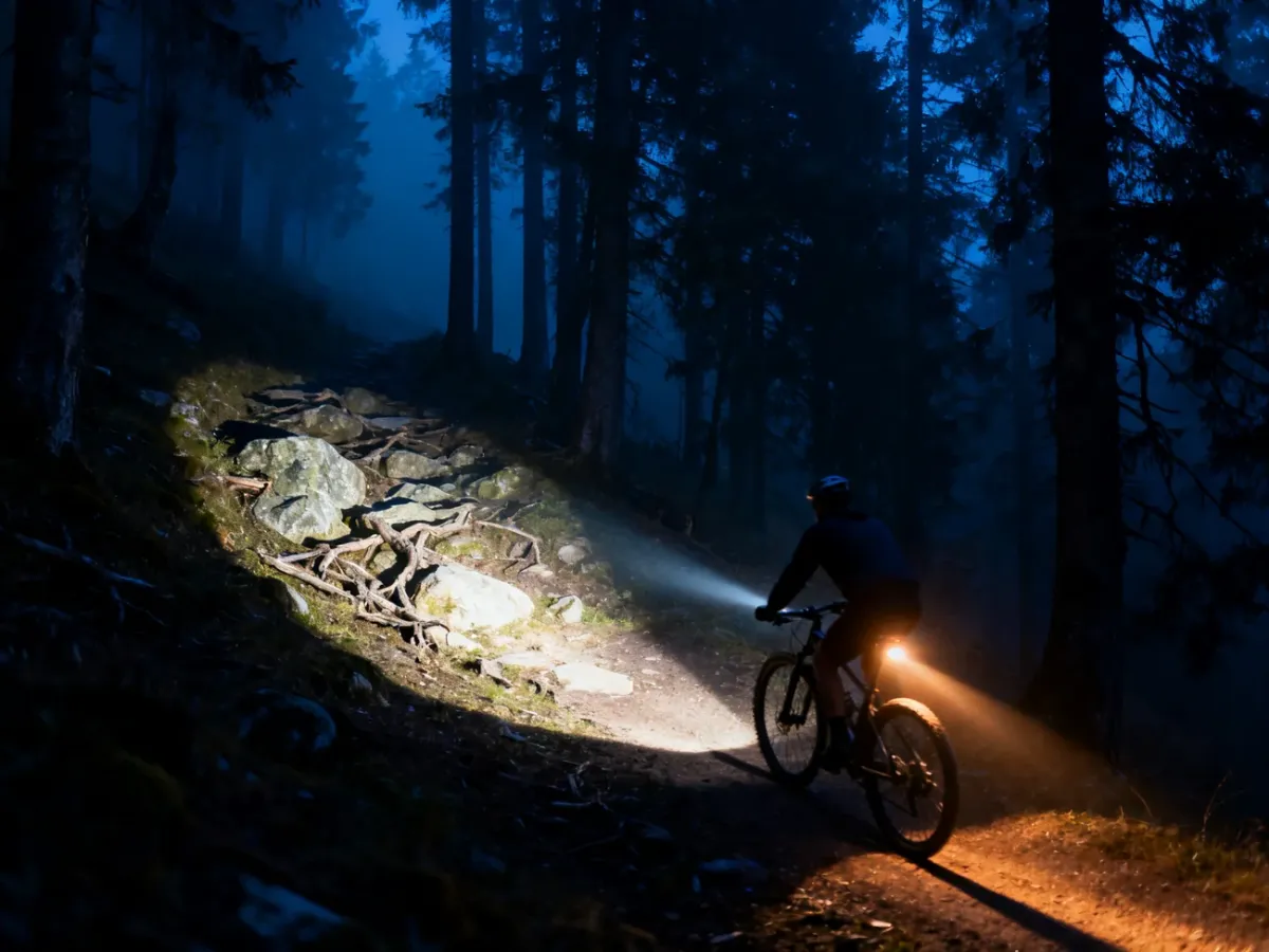 Porównanie szerokiej i wąskiej wiązki światła rowerowego na leśnej ścieżce nocą
