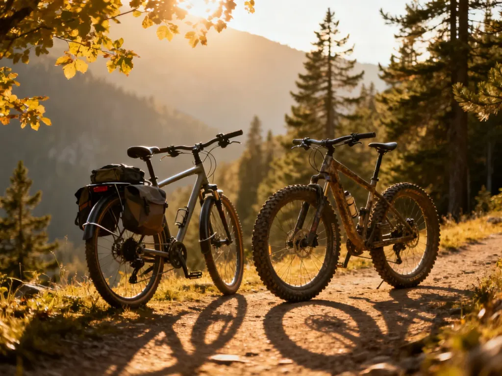 Rower trekkingowy z sakwami oraz górski z grubymi oponami stojące na górskim szlaku w świetle zachodzącego słońca.