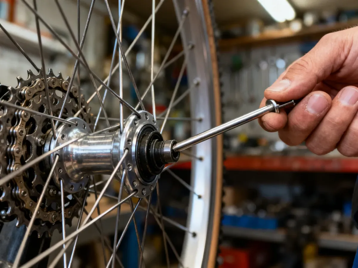 Mechanik montujący nową szprychę w tylnym kole roweru