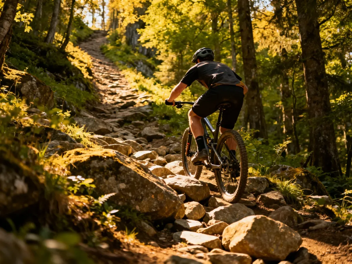 Rowerzysta MTB w stabilnej pozycji pokonuje stromy, kamienisty podjazd leśną trasą