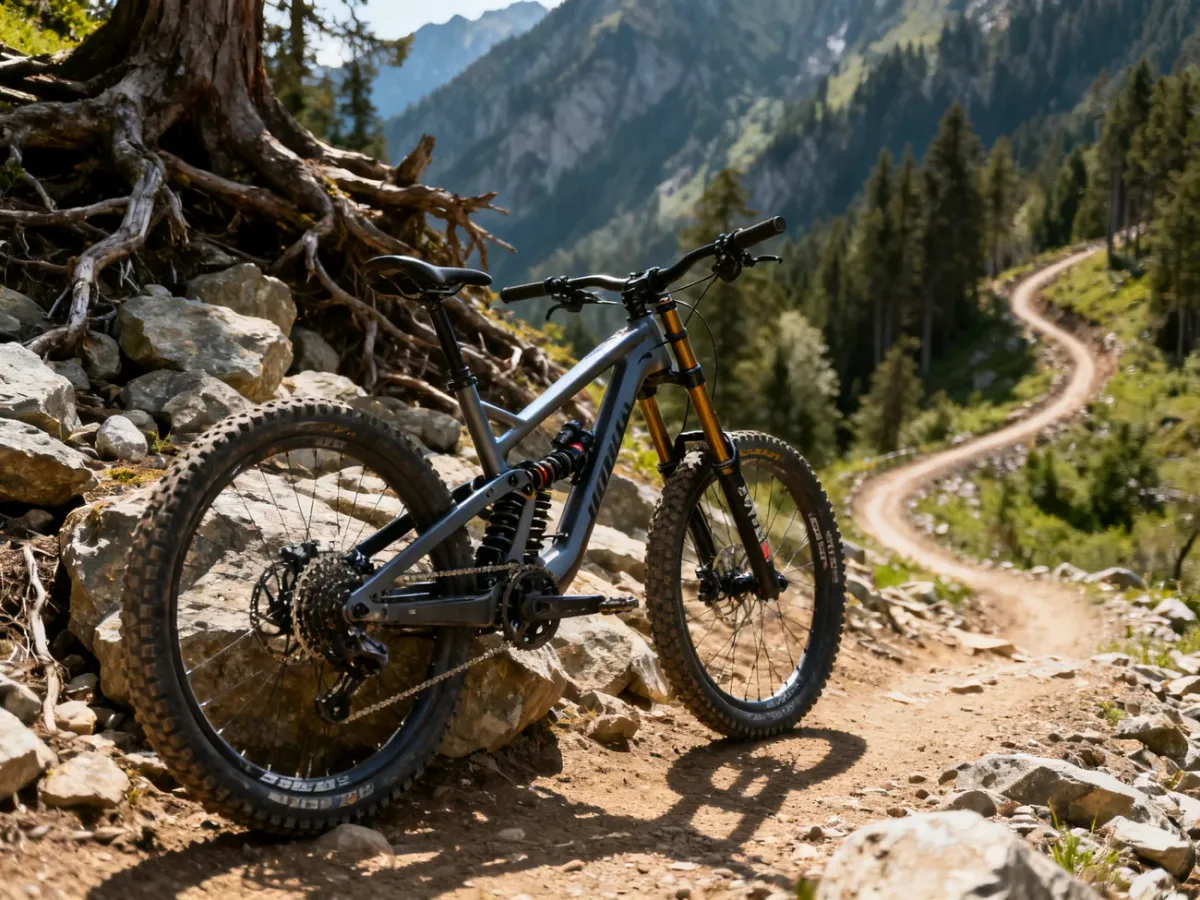 Rower downhill z pełnym zawieszeniem na kamienistej trasie