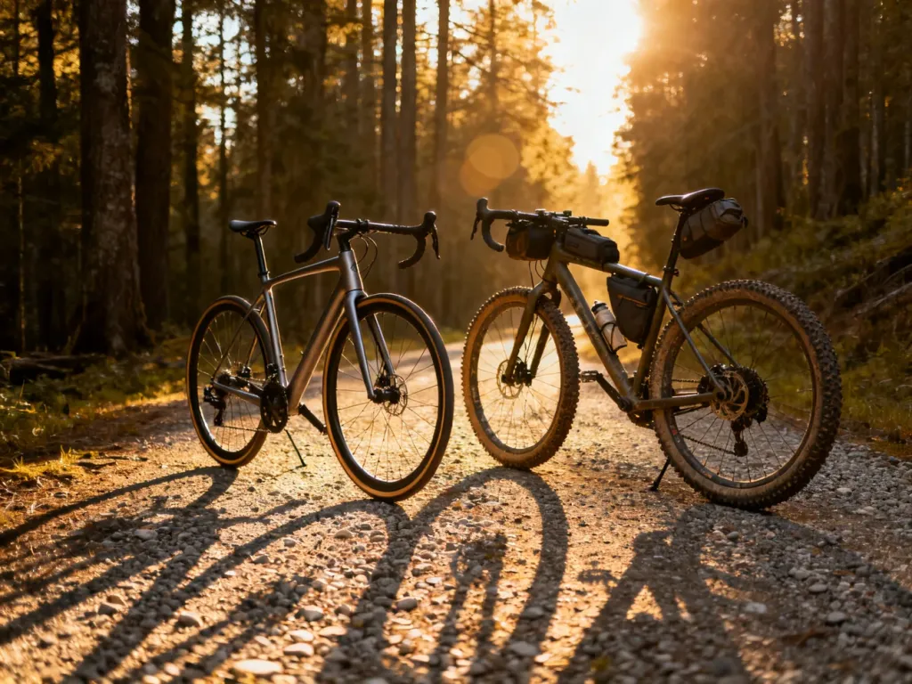 Rower szosowy typu endurance oraz gravel zaparkowane na leśnej ścieżce w świetle zachodzącego słońca.