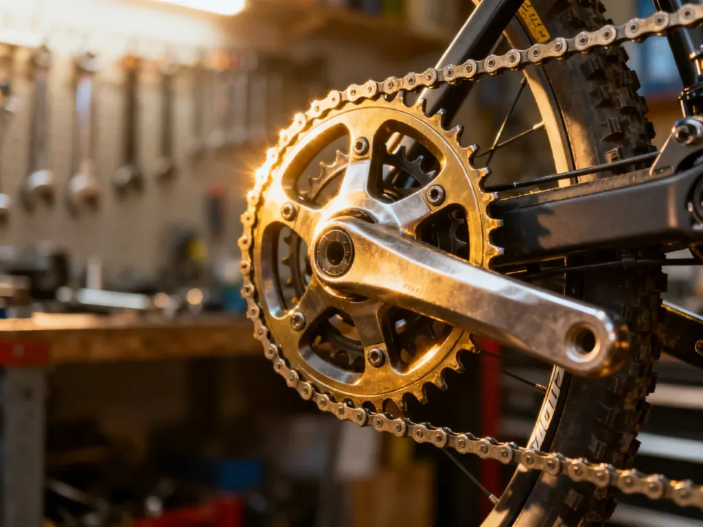 Zbliżenie na czyste tarcze mechanizmu korbowego roweru górskiego w profesjonalnym warsztacie.