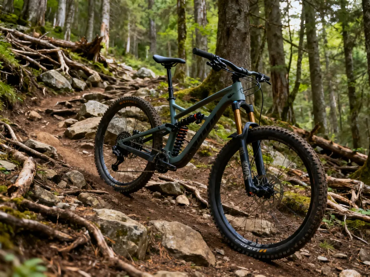 Rower enduro z opuszczoną sztycą na stromym, kamienistym szlaku