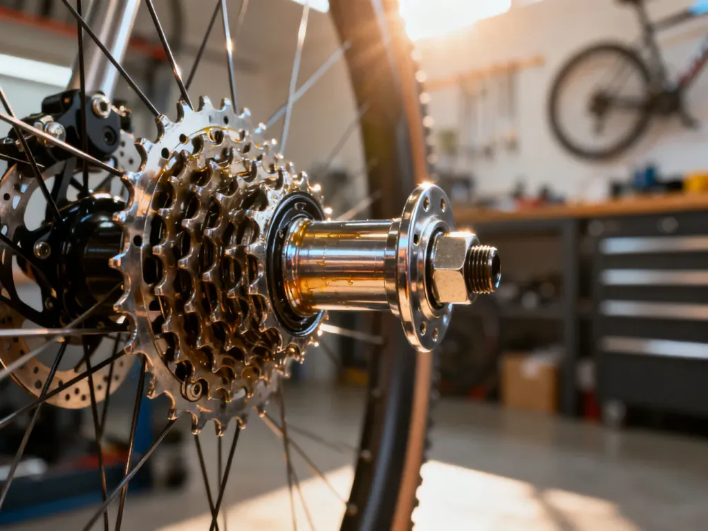 Zbliżenie na precyzyjny mechanizm wewnętrzny piasty rowerowej z widocznymi metalowymi przekładniami.