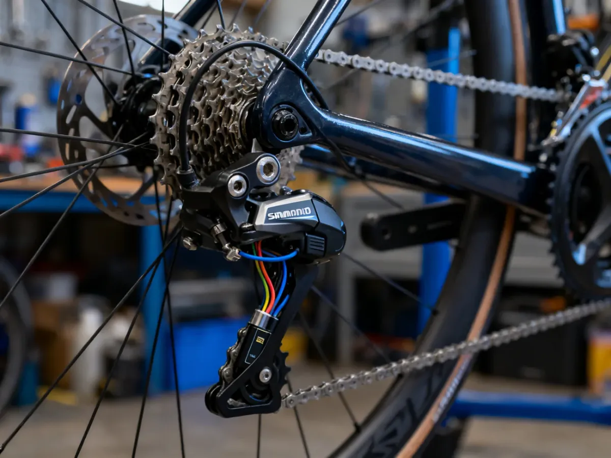 Elektroniczna przerzutka Shimano Di2 zamontowana w napędzie roweru szosowego