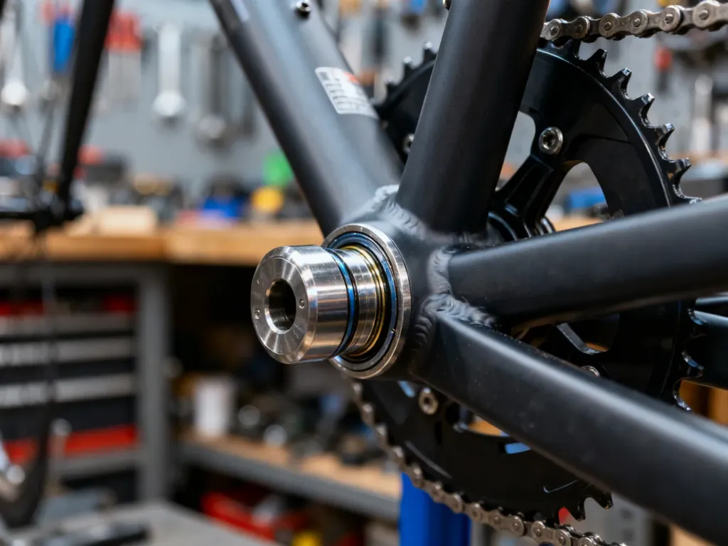 Zbliżenie na suport rowerowy i mechanizm korbowy w profesjonalnym warsztacie, ukazujące detale techniczne konstrukcji.