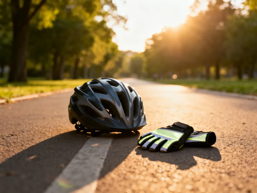 Kask rowerowy i rękawiczki leżące na ścieżce rowerowej, symbolizujące przygotowanie do bezpiecznej jazdy.