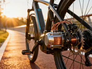 Rower zamontowany na stojaku serwisowym w profesjonalnym warsztacie, przygotowany do przeglądu technicznego.