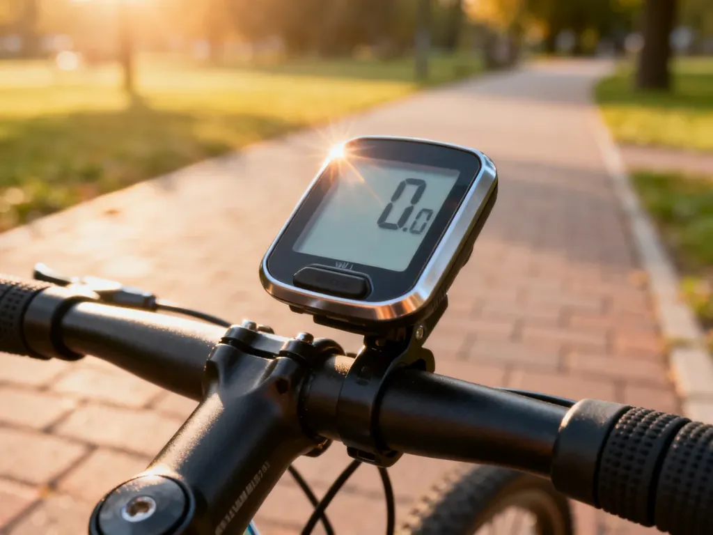 Bezprzewodowy licznik rowerowy zamontowany na kierownicy roweru w słoneczny poranek.