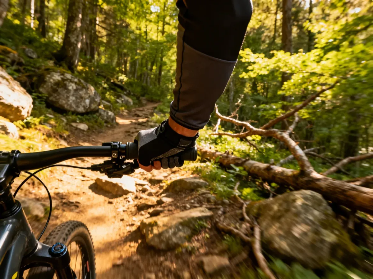 Rowerzysta w długich rękawiczkach MTB na leśnym szlaku