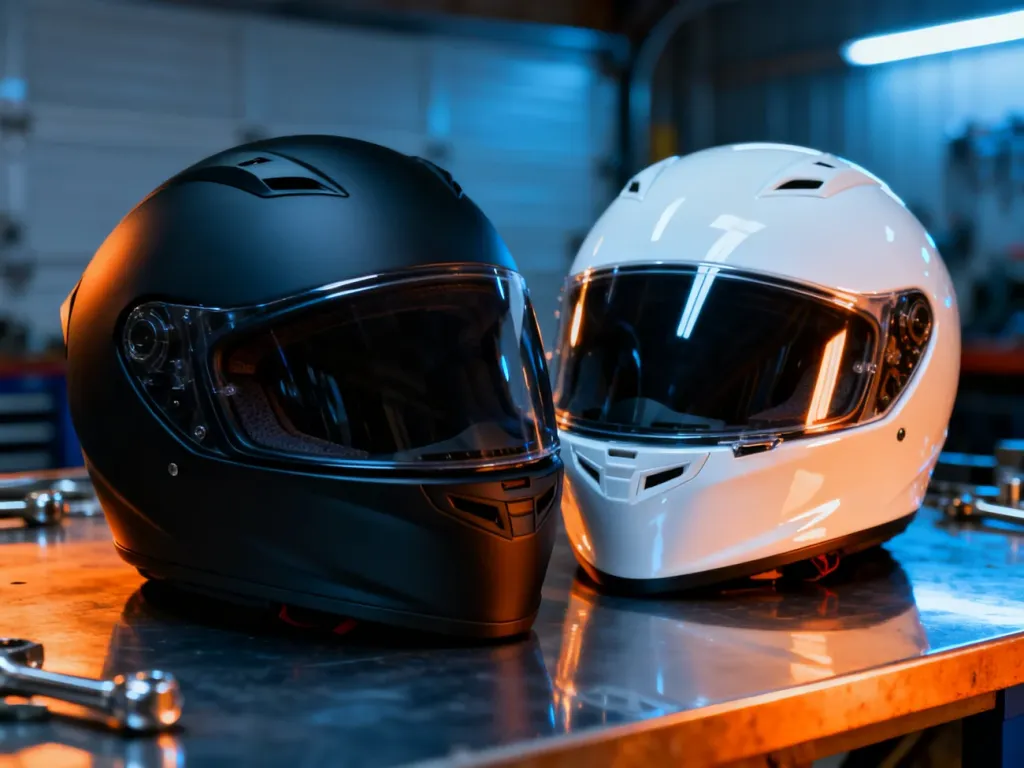 Zestawienie dwóch kasków motocyklowych – czarnego matowego i białego z połyskiem – na warsztatowym stole.