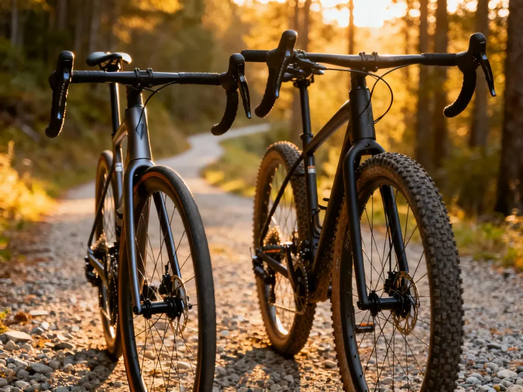 Porównanie roweru szosowego z cienkimi oponami oraz gravela z szerokim ogumieniem na leśnej ścieżce.