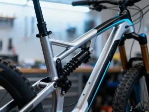 Nowoczesny składany rower elektryczny z widocznym mechanizmem składania i zintegrowaną baterią na tle miejskiego parku.