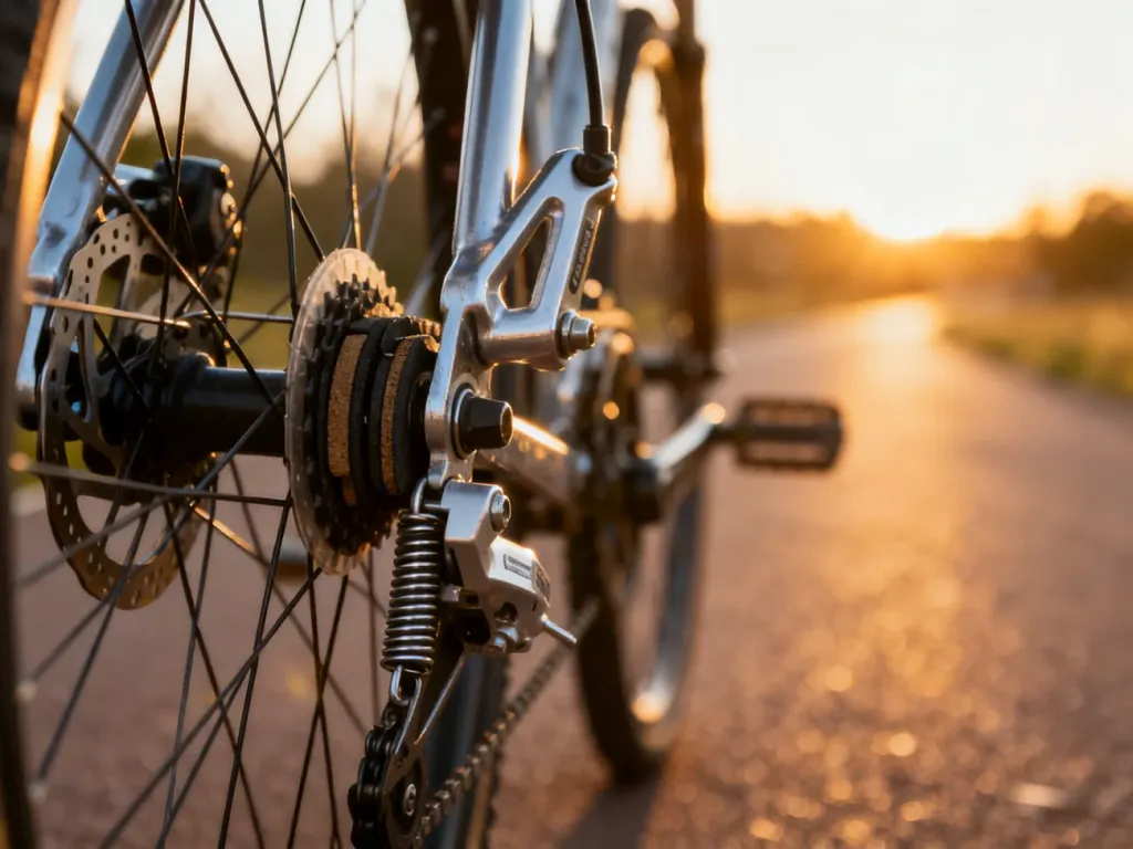 Zbliżenie na mechanizm hamulców typu V-brake przy kole rowerowym, ukazujące detale klocków i sprężyn regulacyjnych.