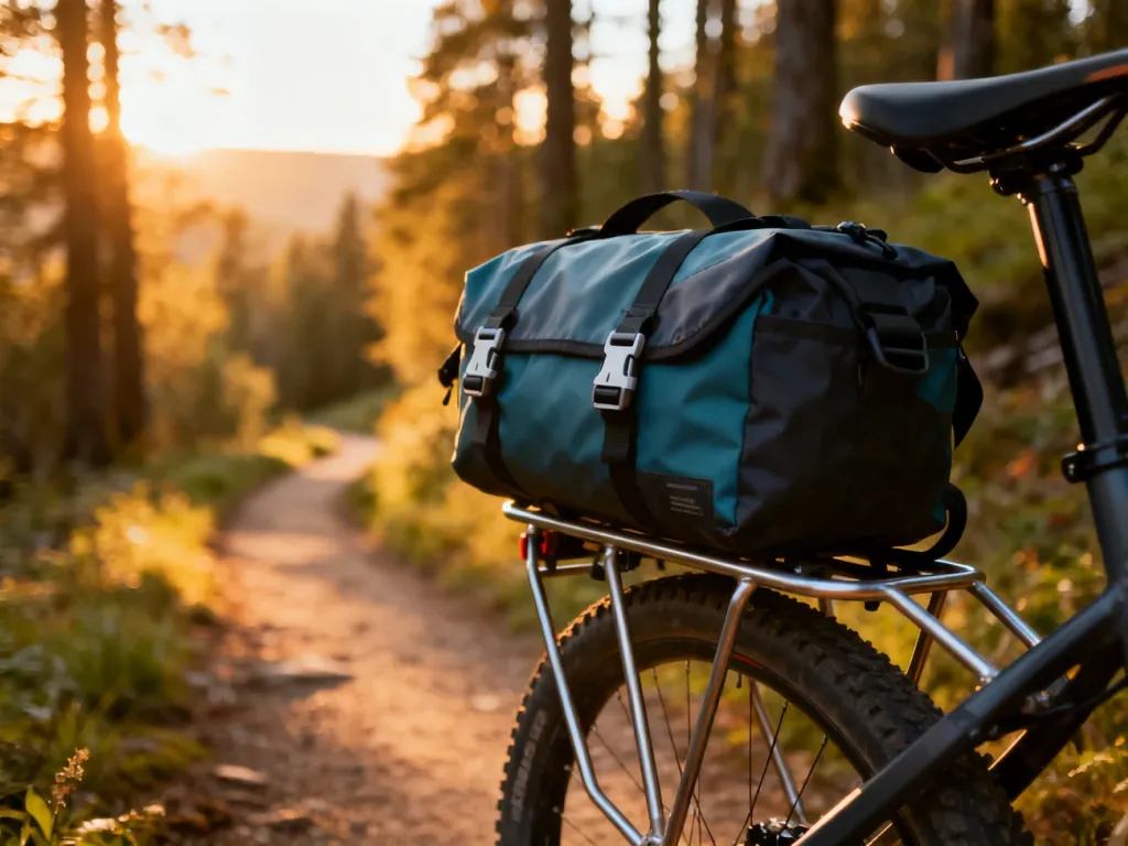 Wodoodporna sakwa rowerowa zamontowana na bagażniku trekkingowym na tle leśnej ścieżki w promieniach zachodzącego słońca.