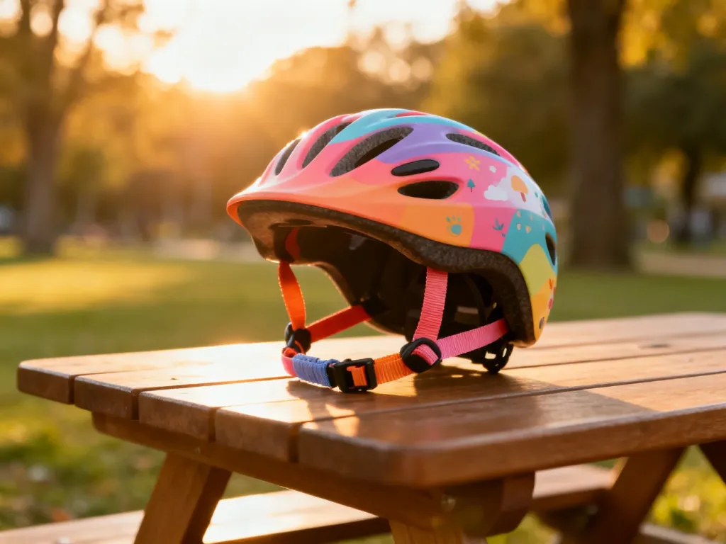 Kolorowy kask rowerowy dla dziecka na drewnianym stole w słonecznym parku.
