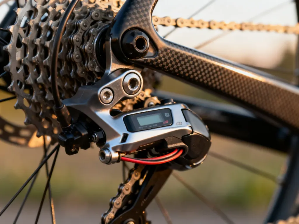 Zbliżenie na tylną przerzutkę Shimano Di2 z widocznym okablowaniem, podkreślające precyzję elektronicznego systemu zmiany biegów.